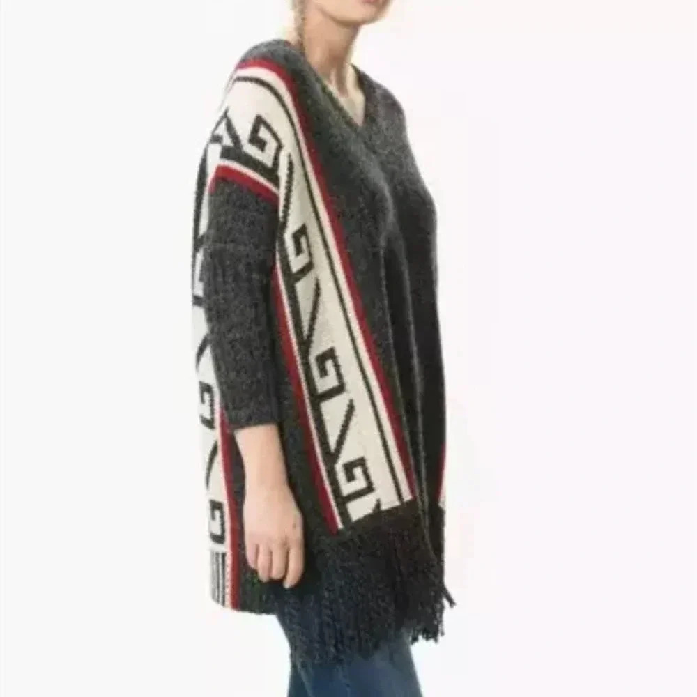 Quinn Poncho Fringe Boho Sweater - Large